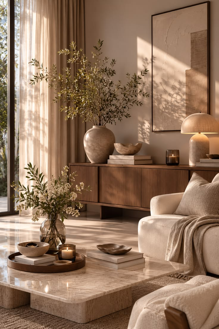 Sunlit living room detail with stone coffee table