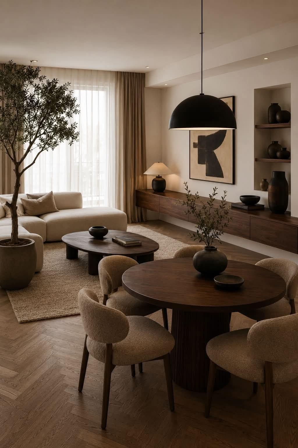 Open living and dining room with walnut furnishings