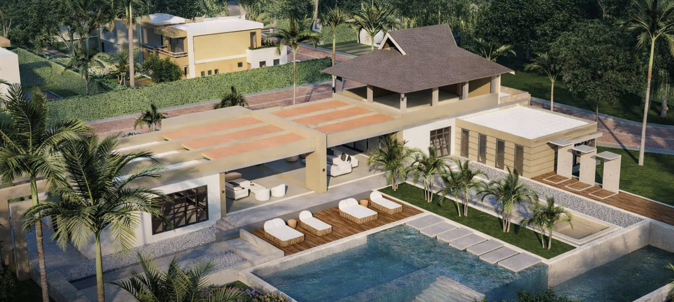 Vista Azul clubhouse and swimming pool surrounded by palms