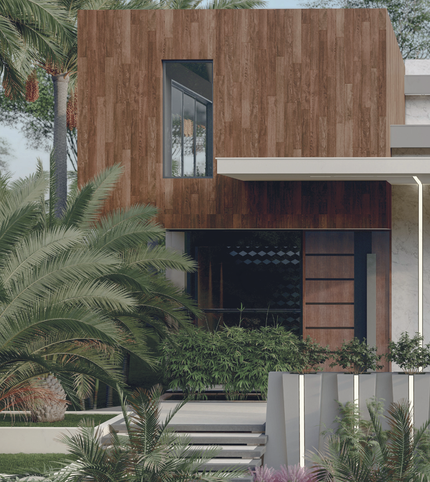 Wood-clad villa facade with palm trees at Villas de Gaudí
