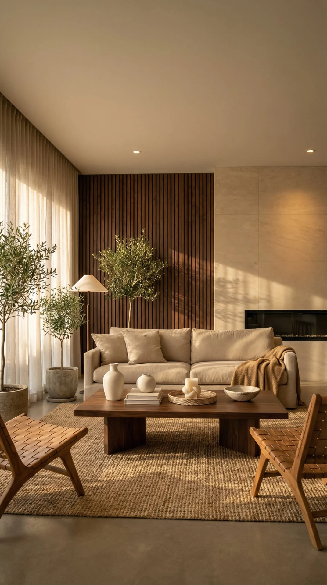 Golden-hour living room with wood slat wall