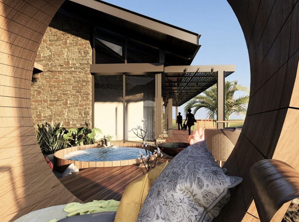 Terrace with hot tub seen through a circular wooden frame