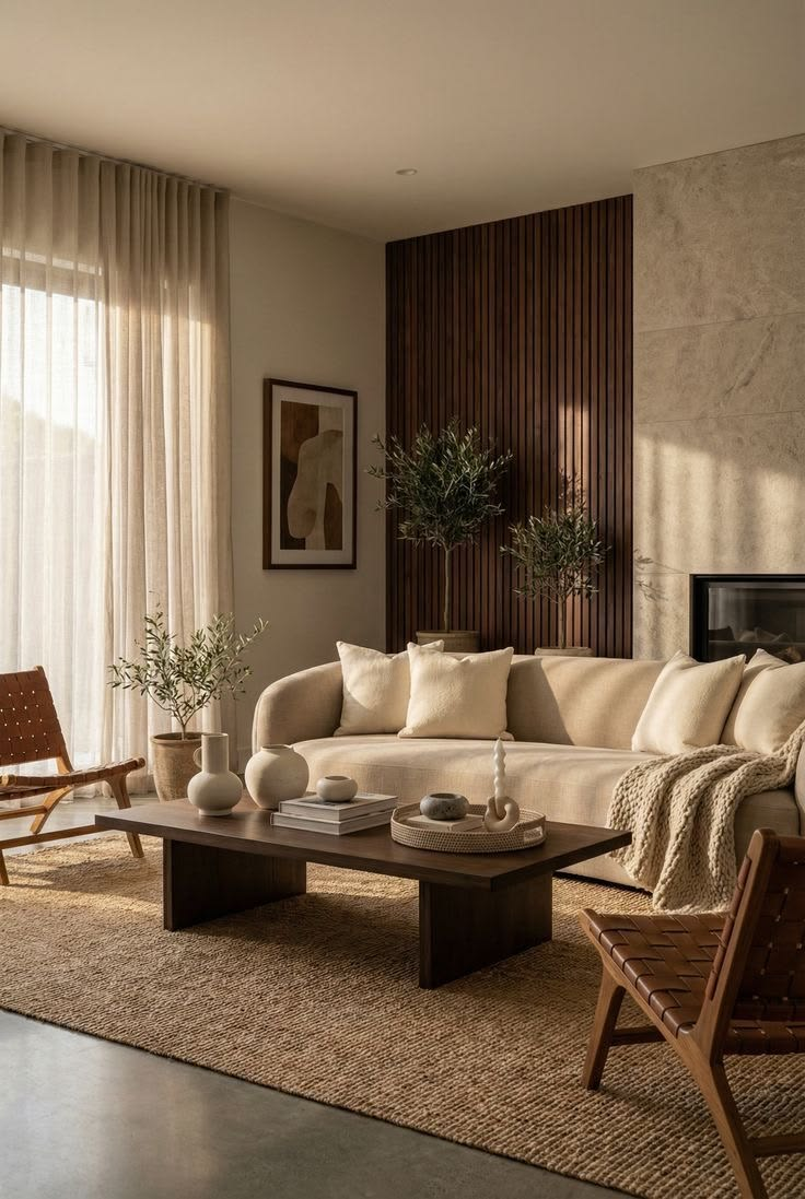 Textured neutral living room with walnut accents