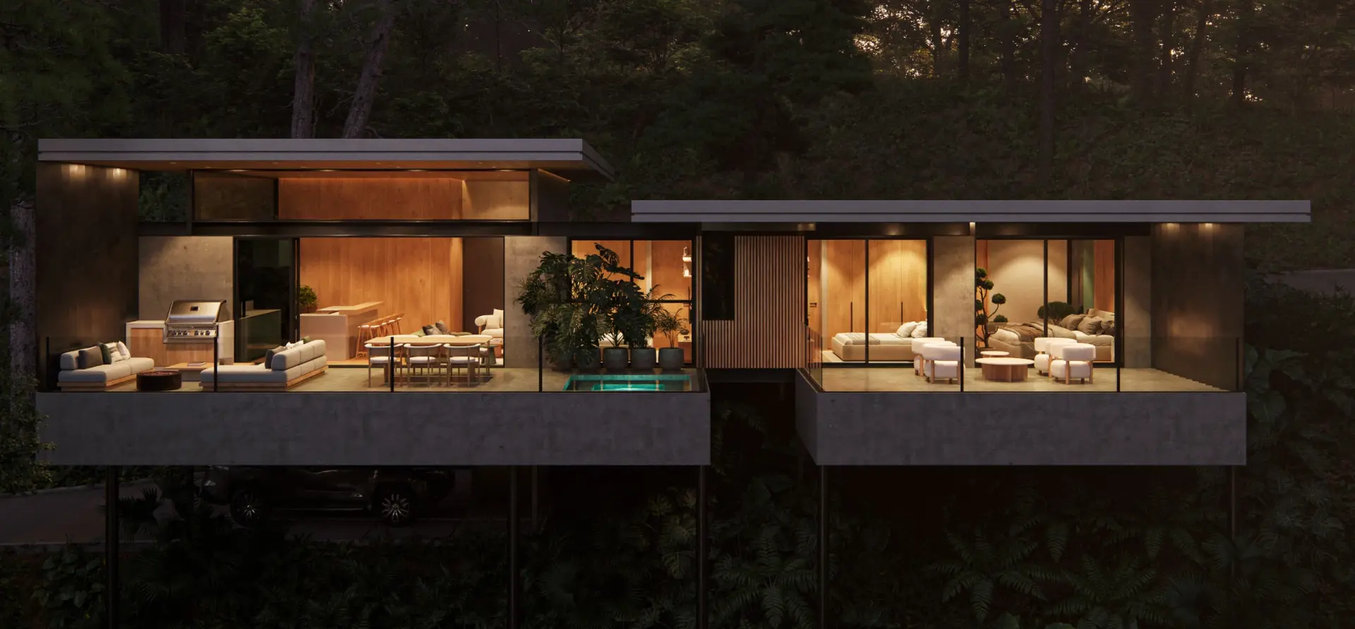 Bahari homes lit at dusk with terraces and pool