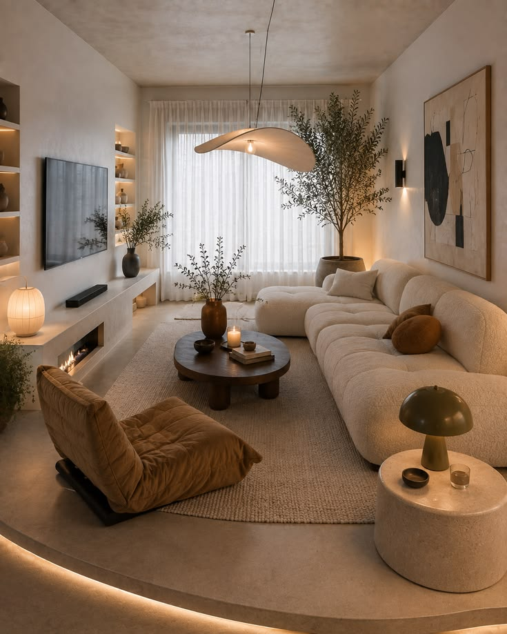 Warm minimalist living room with sculptural lighting