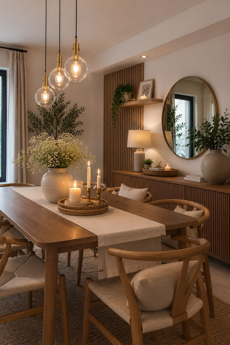 Natural wood dining room with warm ambient lighting