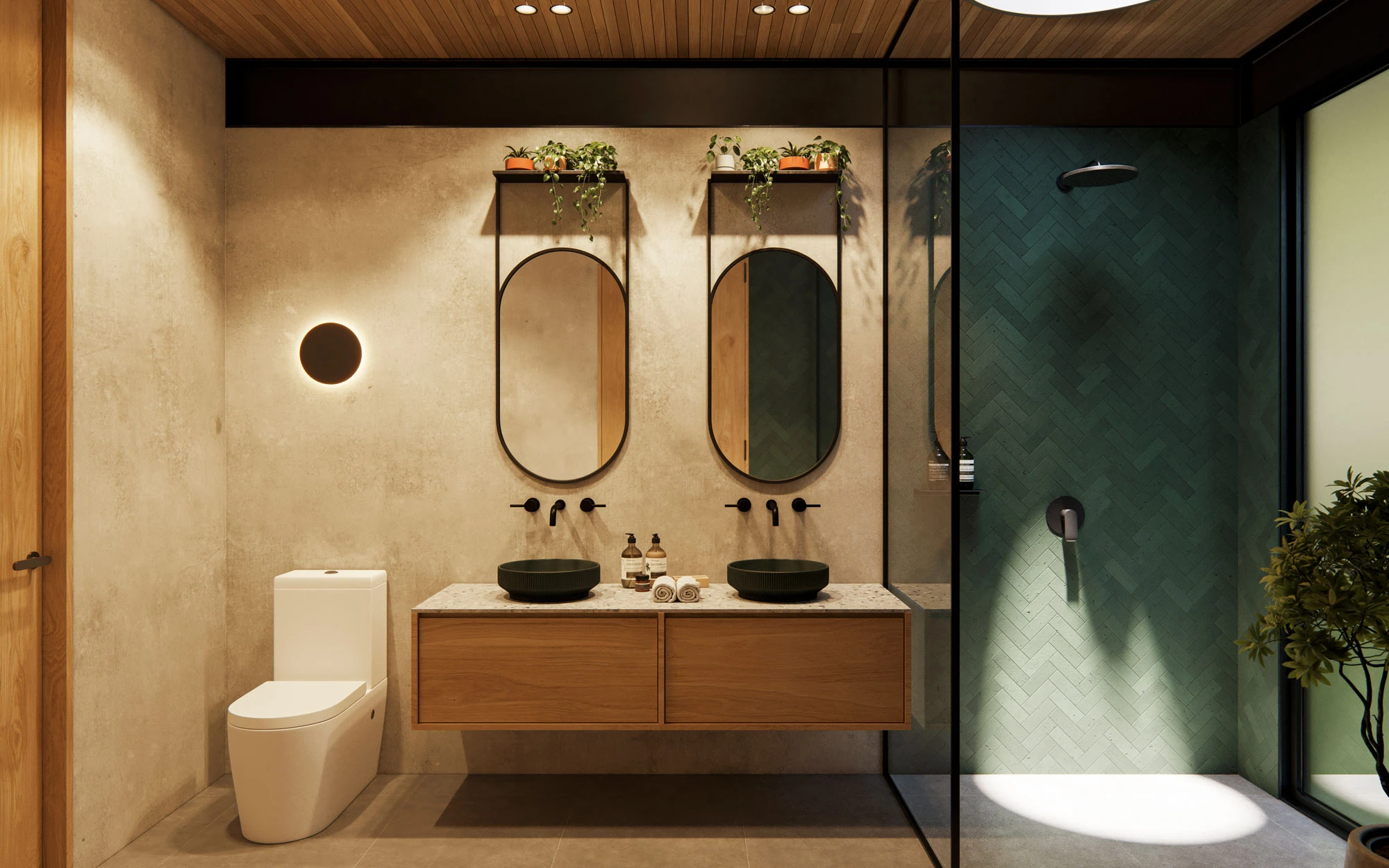 Bathroom with double vanity and green tiled shower