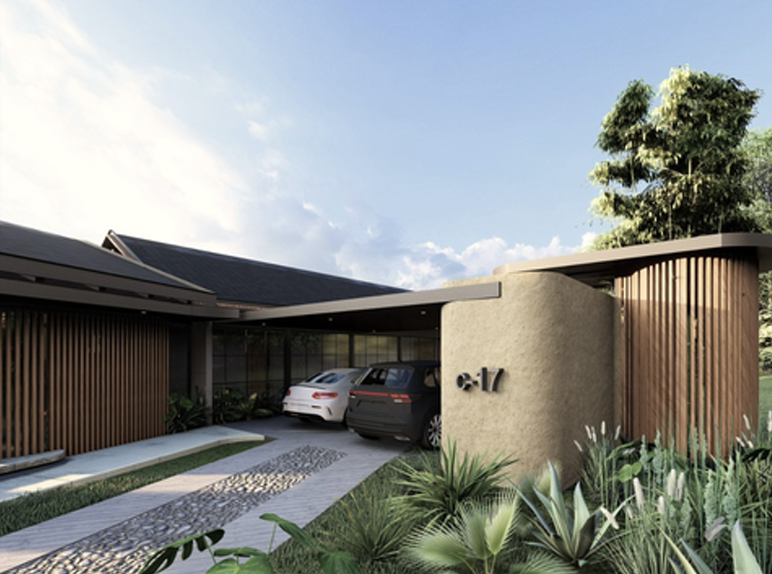 Villa entrance with wood slats and stone facade