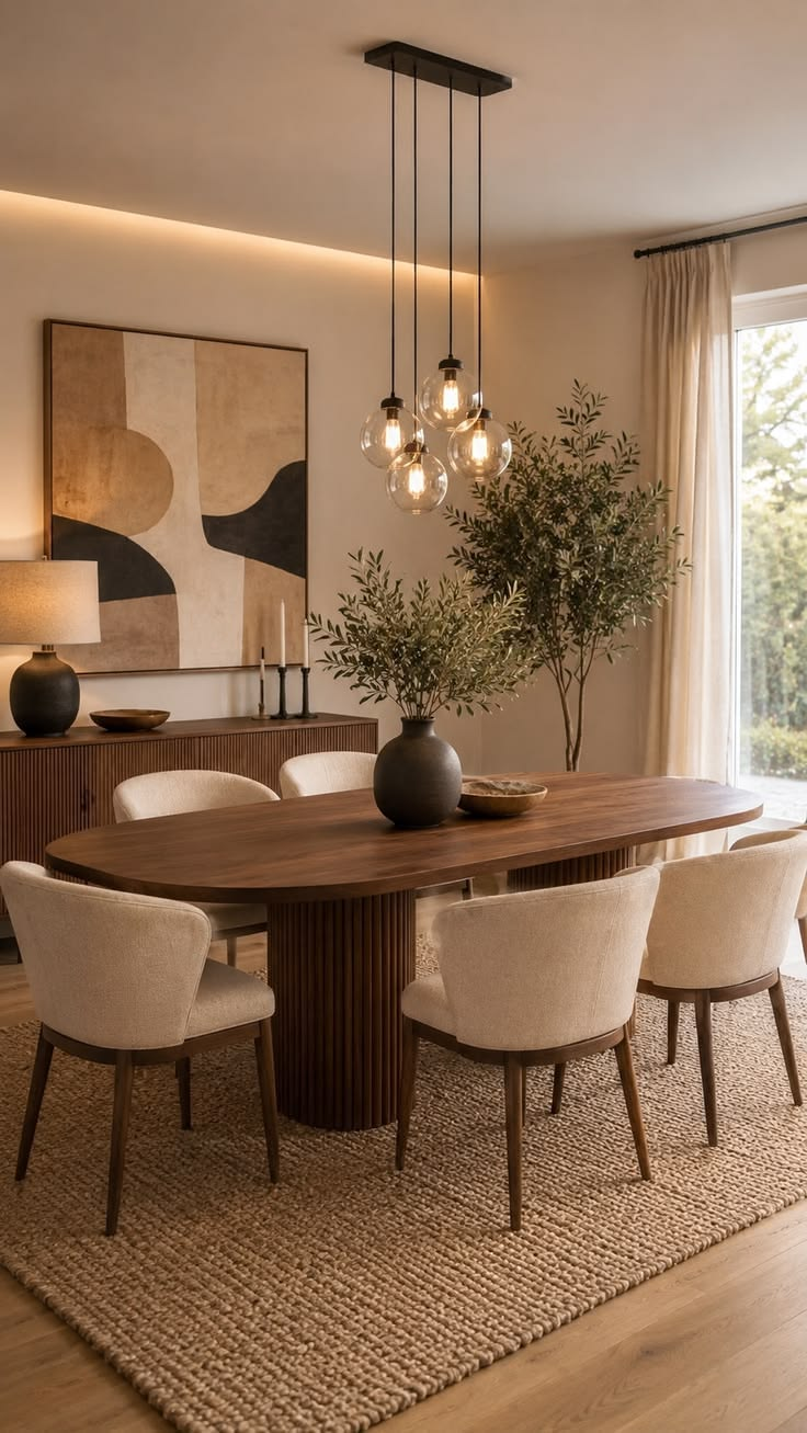 Walnut dining room with glass pendant lights