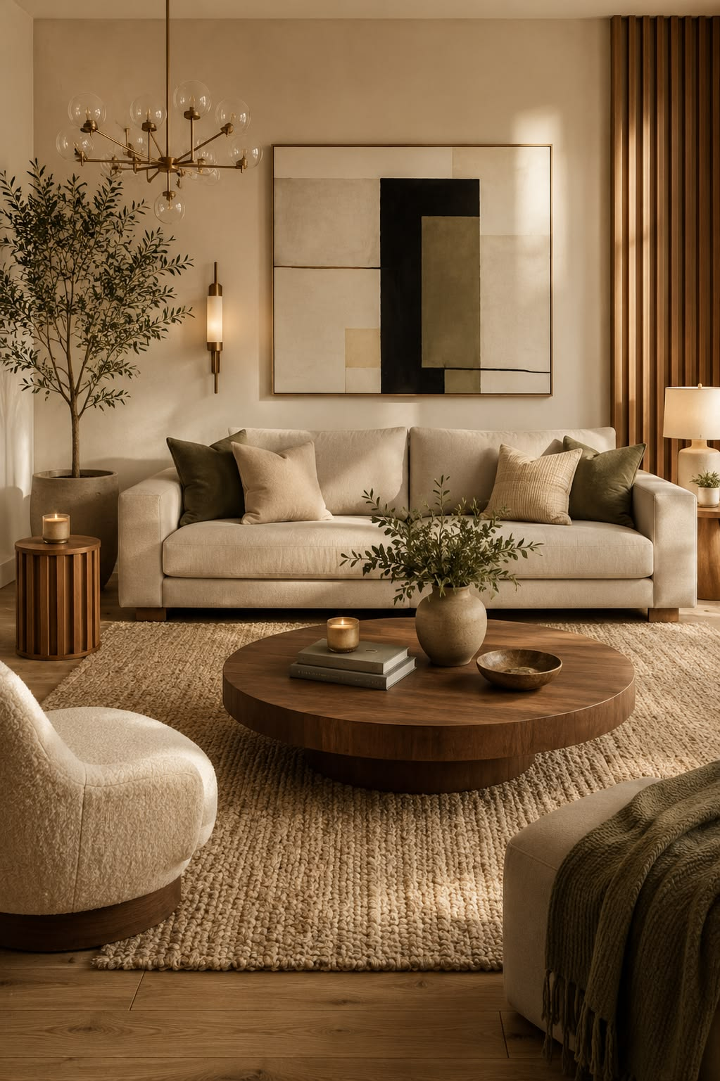 Tailored neutral living room with abstract artwork