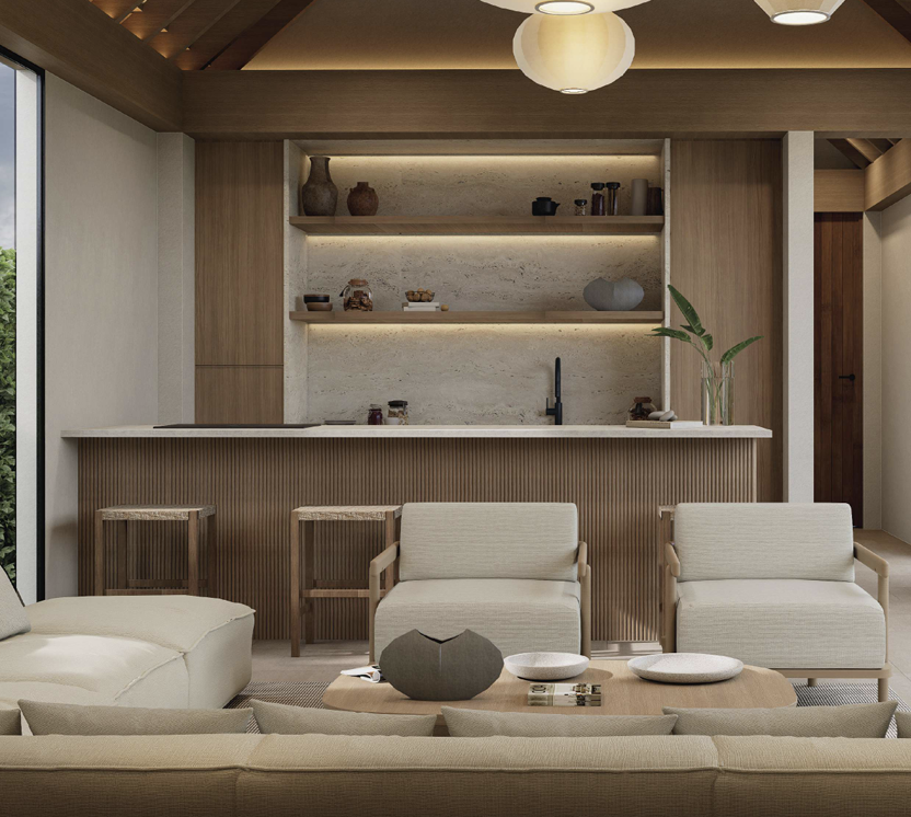 Vista Azul living area with a wood-lined kitchen